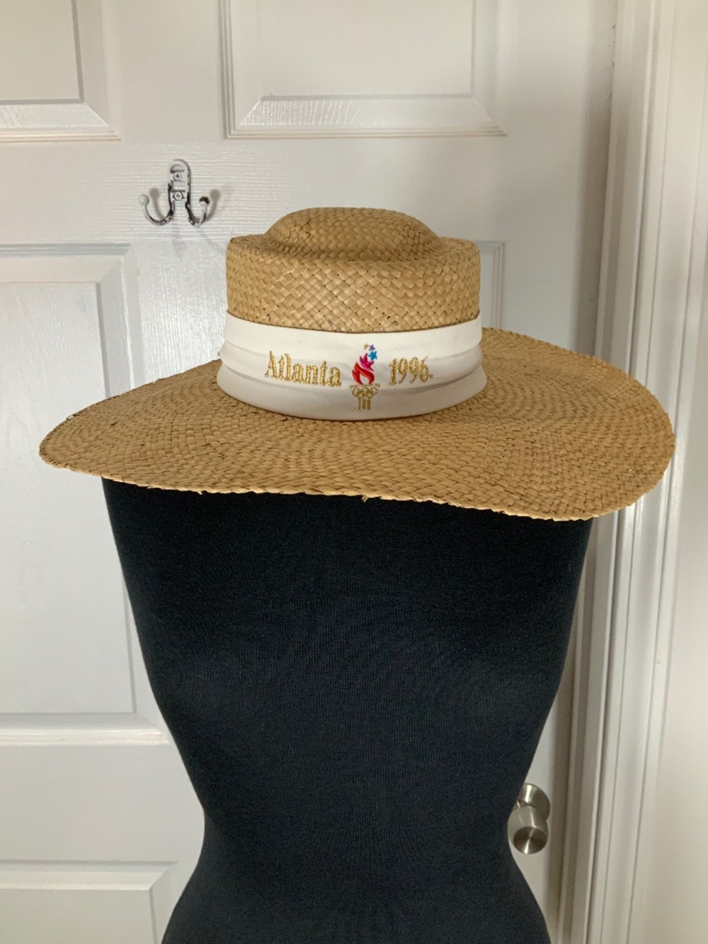 Vintage Atlanta 1996 Olympics Straw Boater Hat Wide Brim Olympic Torch USA